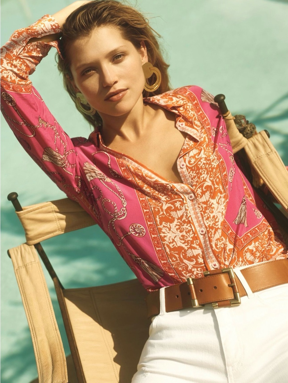 Maeve Anthropologie Potala Silk Blouse Orange Pink Chain Print Size 4P
